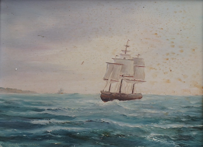 F. Maskens, oil on board, Study of a ship at sea, signed and dated '80, 21 x 29cm, ornate gilt frame. Condition - poor